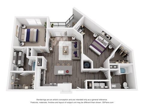 Floor plan for 2 beds, 2 baths, 1131 sqft